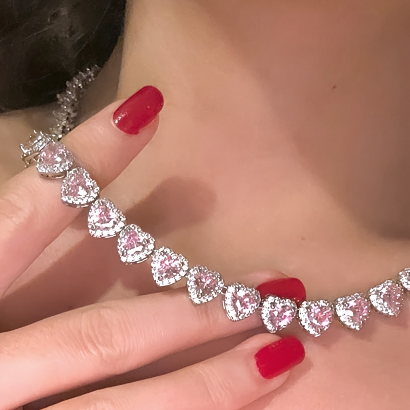 Sparkling Pink Heart Jewelry Set (Necklace & Ring), Romantic Style